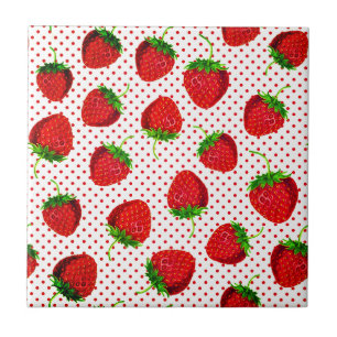 Red Ripe Strawberry and Dots Pattern  Tile