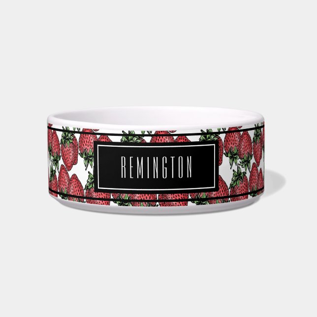 Red Ripe Strawberry Pattern Custom Pet Name  Bowl (Front)