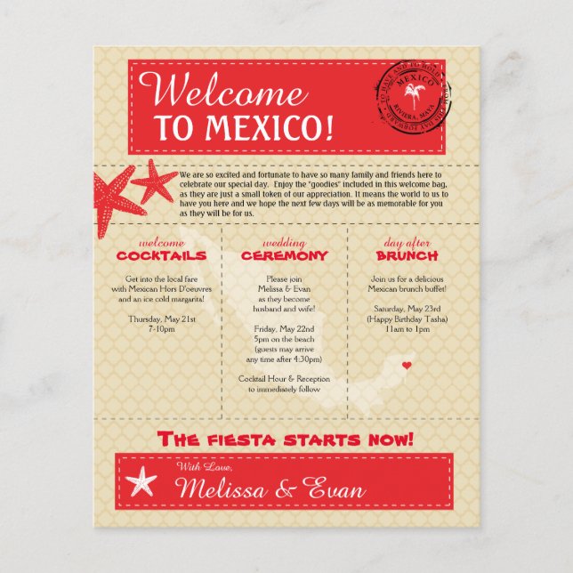 Red Riviera Maya Mexico Wedding Welcome Letter Flyer (Front)