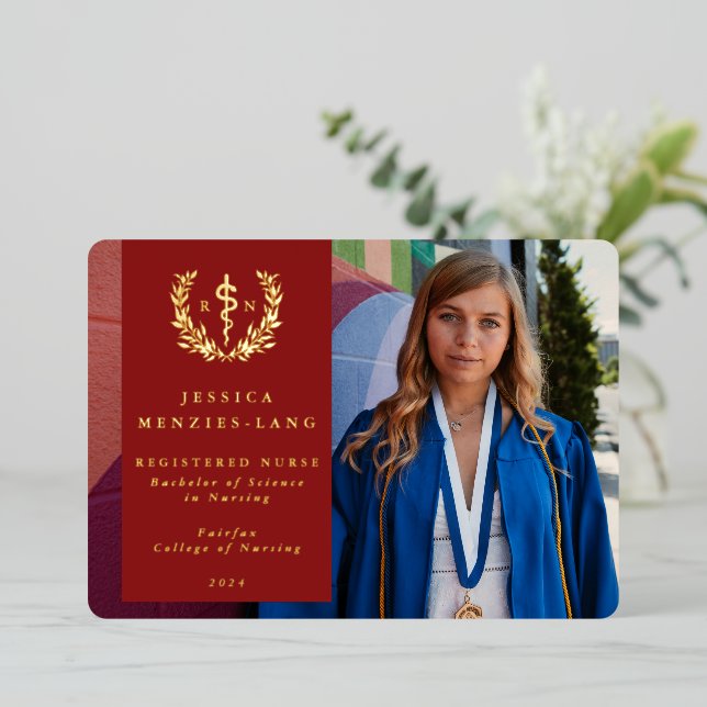 Red RN Asclepius Graduation Photo Announcement (Standing Front)