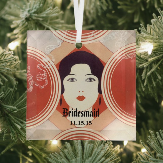 Red Roaring 20s Deco Gatsby Style Girl Bridesmaid Glass Ornament (Insitu)