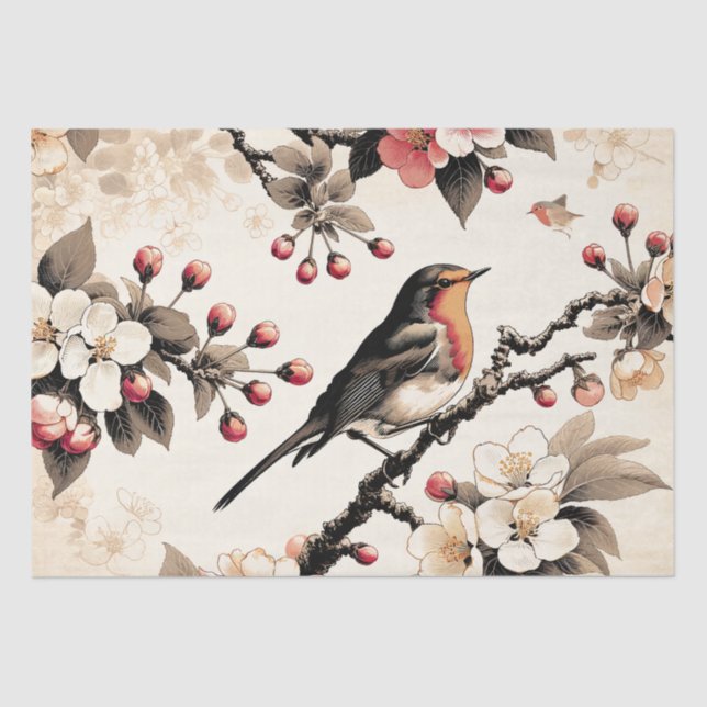 Red Robin and Cherry Blossom tree Bird  Michigan   Tissue Paper (Front)