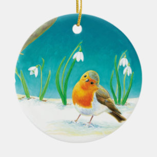 Red Robin Bird and Snowdrops Illustration  Ceramic Ornament