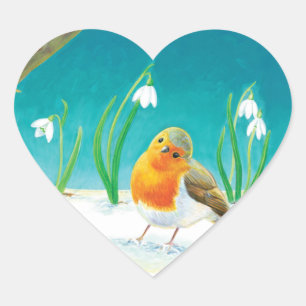 Red Robin Bird and Snowdrops Illustration Heart Sticker
