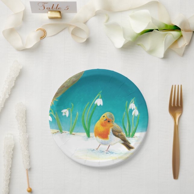 Red Robin Bird and Snowdrops Illustration   Paper Plate (Wedding)