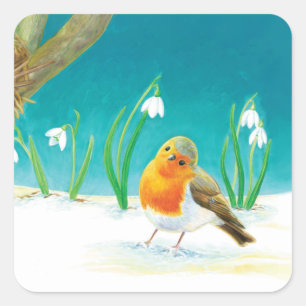 Red Robin Bird and Snowdrops Illustration Square Sticker