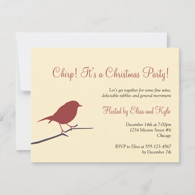Red robin bird branch Christmas holiday party Invitation (Front)