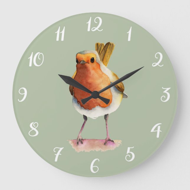 Red Robin Bird Cute Watercolor Art Large Clock (Front)