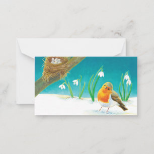 Red Robin Bird (Erithacus rubecula) & Snowdrops Card