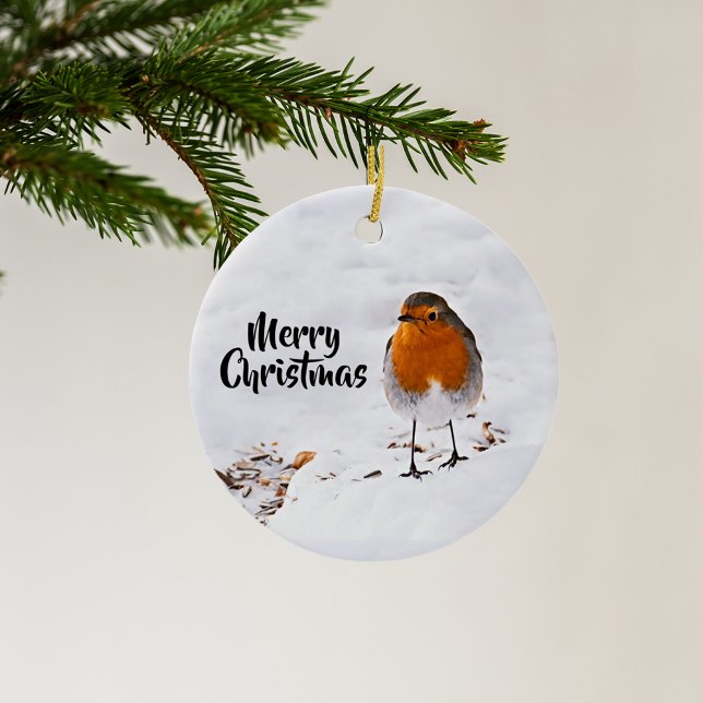 Red Robin bird snow Merry Christmas Ceramic Ornament (Creator Uploaded)