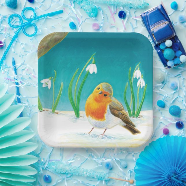 Red Robin Bird & Snowdrops Illustration   Paper Plate (Party)