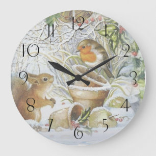 Red Robin Bird Squirrel Winter Christmas Large Clock
