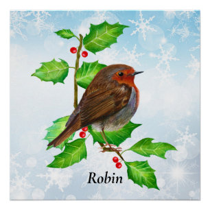 Red Robin Bird Watercolor Painting Glossy Poster