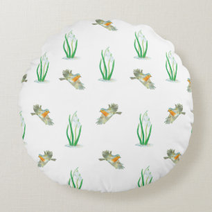 Red Robin Birds and Snowdrops spring pattern Round Pillow