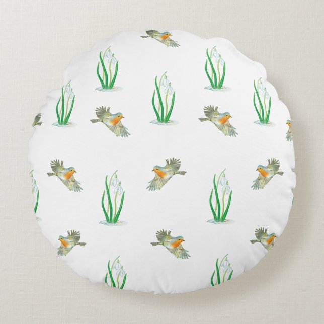 Red Robin Birds and Snowdrops spring pattern  Round Pillow (Front)
