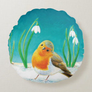 Red Robin (Erithacus rubecula) Early Spring Round Pillow