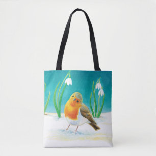 Red Robin (Erithacus rubecula) & White Snowdrops  Tote Bag