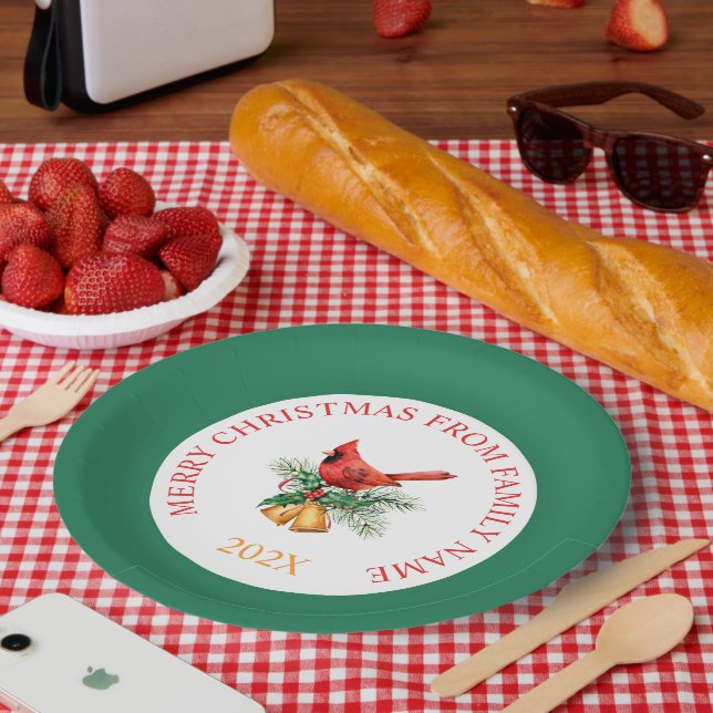 Red Robin & Gold Christmas Bells On White & Green Paper Plate (Picnic)