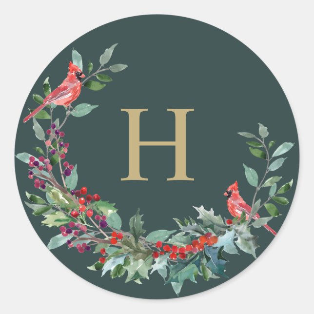 Red Robin Holiday Wreath Monogram Stickers (Front)