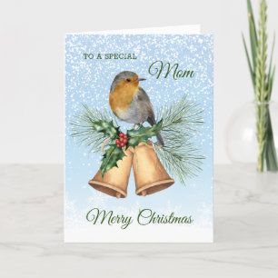 Red robin, holly, bells Mom Christmas Holiday Card
