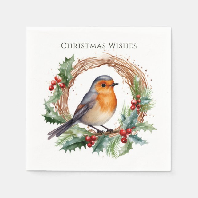 Red Robin Holly Wreath Christmas Napkin (Front)