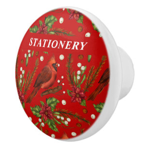 Red robin mistletoe Custom name red Christmas Ceramic Knob