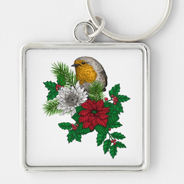 Red robin on Christhmas decoration Keychain (Front)