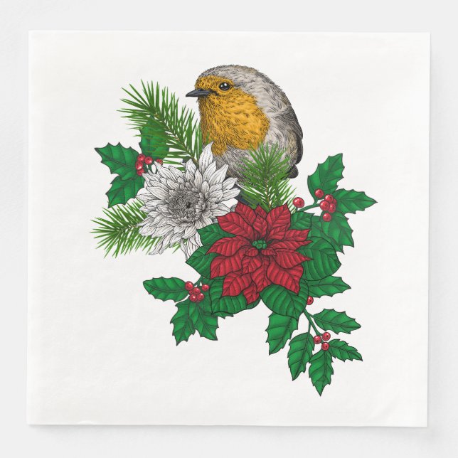 Red robin on Christhmas decoration Napkin (Front)
