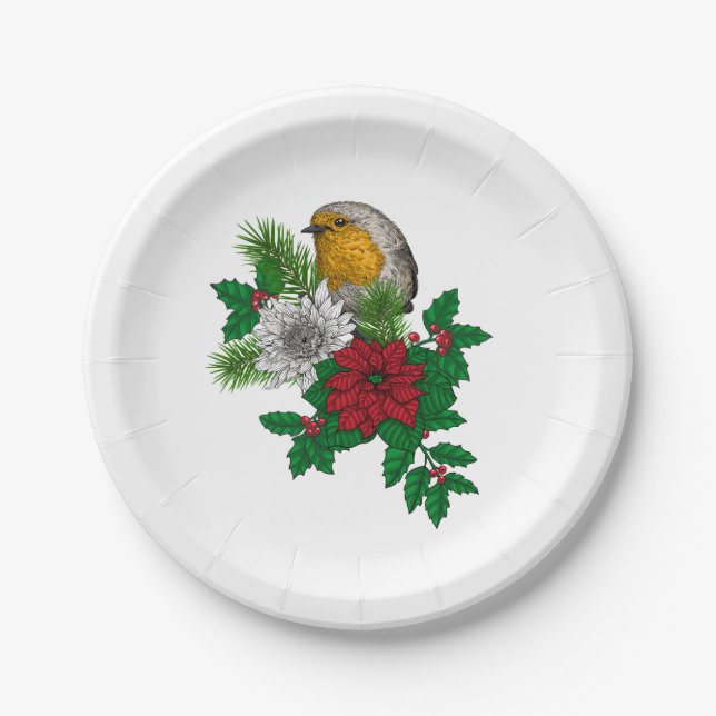 Red robin on Christhmas decoration Paper Plate (Front)