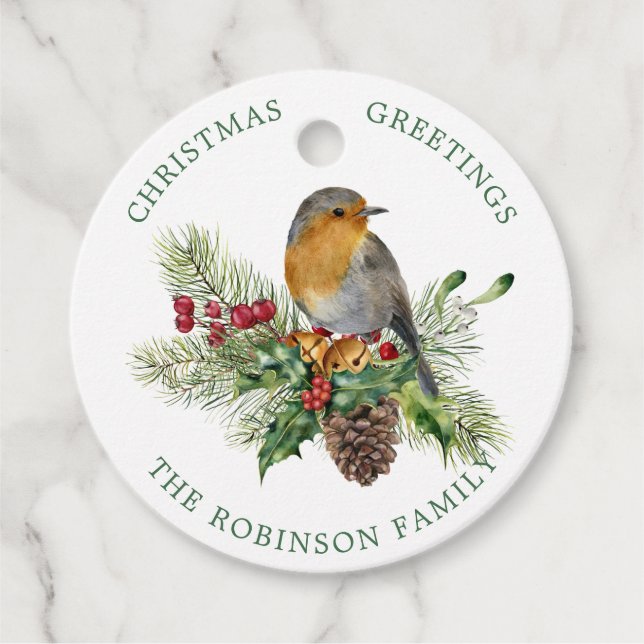 Red Robin, pine, Christmas Holly, bells Favour Tag (Front)