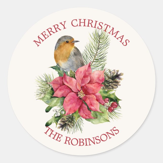 Red robin, Poinsettia, pine, holly  Christmas Classic Round Sticker (Front)
