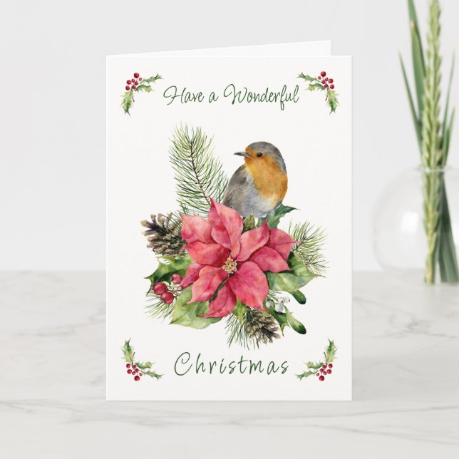 Red Robin Poinsettia Pine Holly  Christmas  Holiday Card (Front)