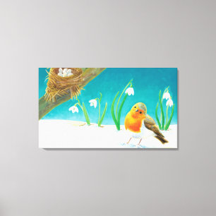Red Robin Spring Snowdrops Illustration  Canvas Print
