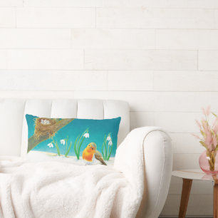 Red Robin Spring Snowdrops Lumbar Pillow