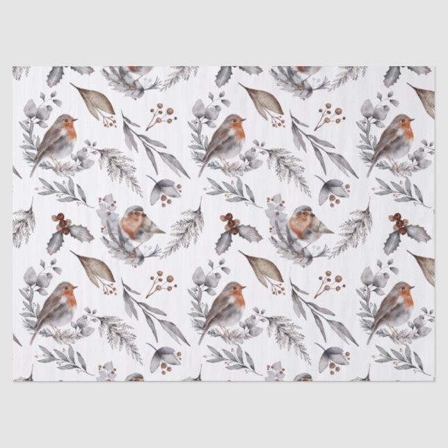 Red Robin Watercolor Botanical Christmas Holiday Tissue Paper (Front)