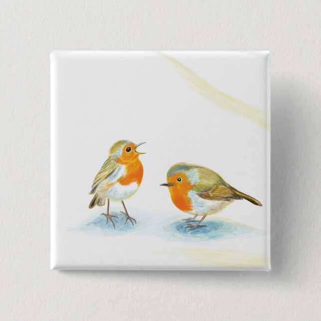 Red Robins in Winter  2 Inch Square Button (Front)
