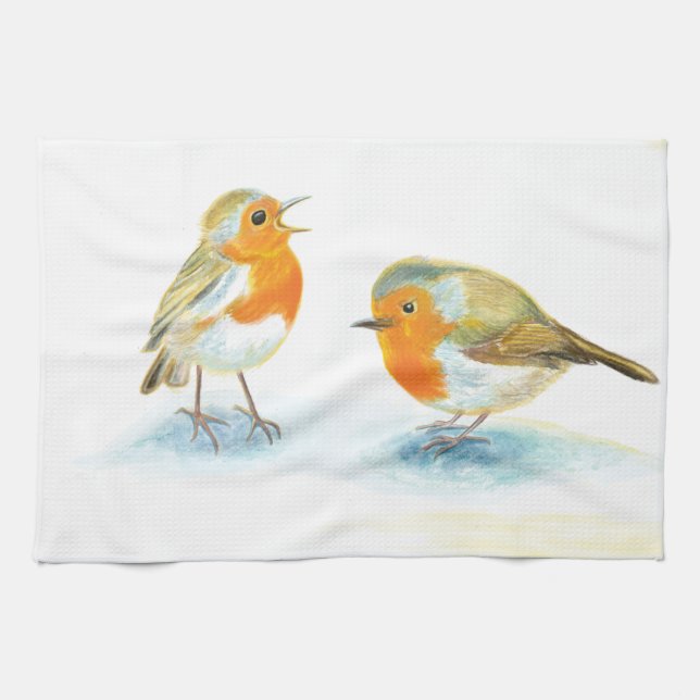 Red Robins in Winter  Kitchen Towel (Horizontal)