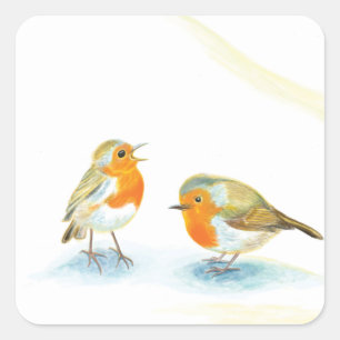 Red Robins in Winter Rectangular Sticker