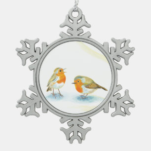 Red Robins in Winter    Snowflake Pewter Christmas Ornament