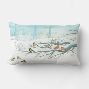 Red Robins & Tit Birds in Winter Forest Lumbar Pillow