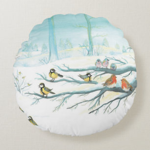 Red Robins & Tit Birds in Winter Forest Round Pillow