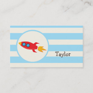 Red Rocket Space Ship; Light Blue Stripes Business Card