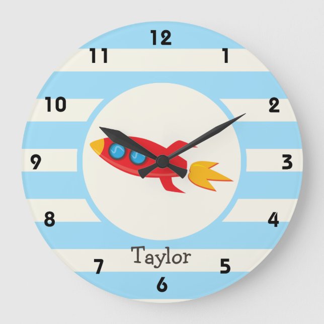Red Rocket Space Ship; Light Blue Stripes Large Clock (Front)