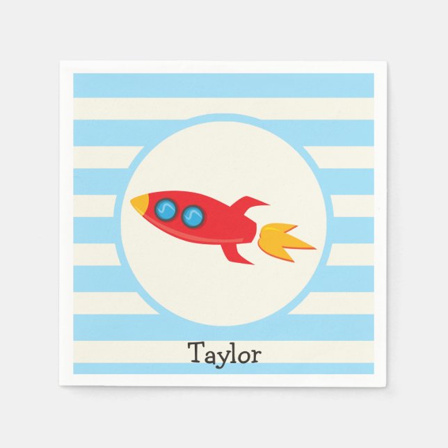Red Rocket Space Ship; Light Blue Stripes Napkin (Front)