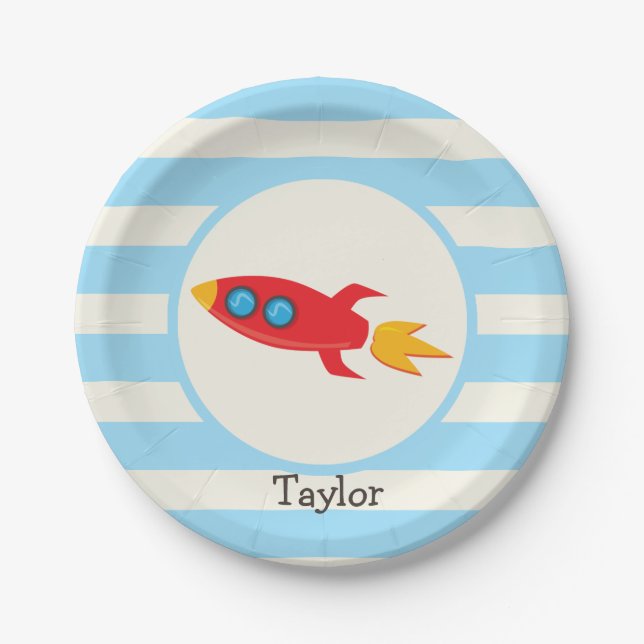 Red Rocket Space Ship; Light Blue Stripes Paper Plate (Front)