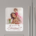 Red Romantic Calligraphy Merry Christmas Photo Magnet<br><div class="desc">Romantic and elegant holiday photo kitchen magnet.  For more advanced customization of this design,  please click the Customize Further link to change the font,  size,  colour,   etc.</div>