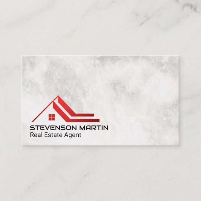 Red Roof Real Estate Logo | Marble Business Card (Front)