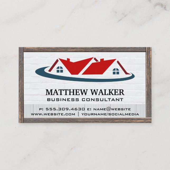 Red Roof Top Home Logo | Wood Frame Business Card (Front)