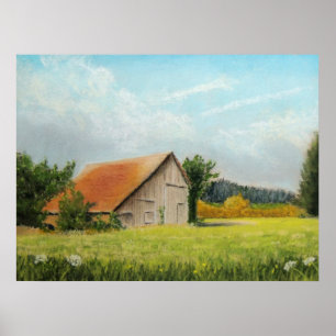 Red-Roofed Barn in the Meadow Print
