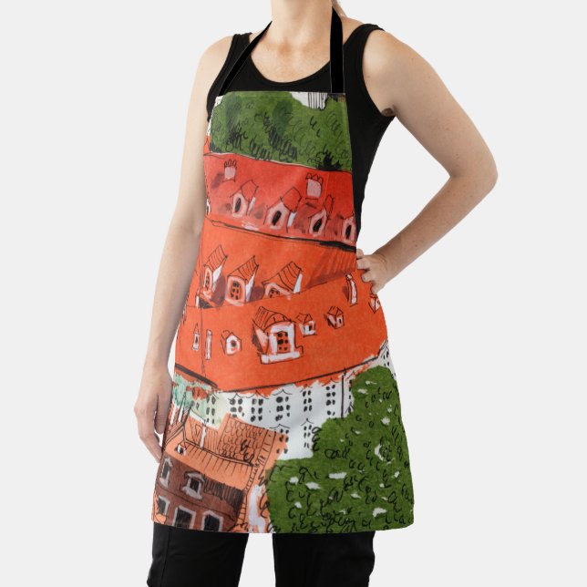 Red Roofs Prague Czech Cityscape Collage Sketch Apron (Insitu)